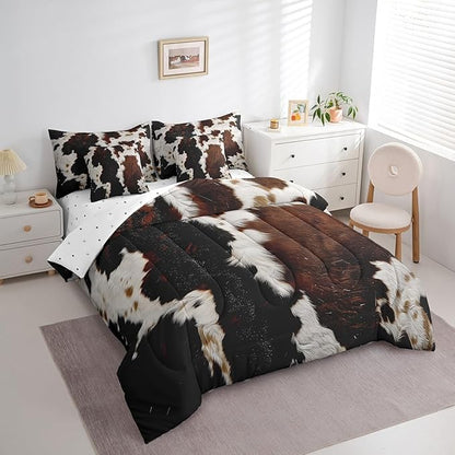 Erosebridal 7 Pieces Highland Cow Print Bedding King Size Cow Fur Printed Comforter Set, Brown and White Bedding Comforter Sets Milk Cow Bed in a Bag, Farm Animal Faux Skin Bedding Accessories