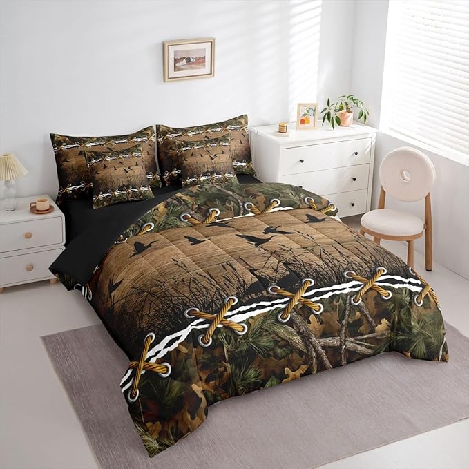 Erosebridal Duck Camo Comforter Set Queen Comforter Set with Sheets | Mallard Duck 7-Piece Bedding Set Mens Country Camo Bed in a Bag, Farmhouse Woodland Animals Bed Sets,Wildlife Cabin Hunting Decor