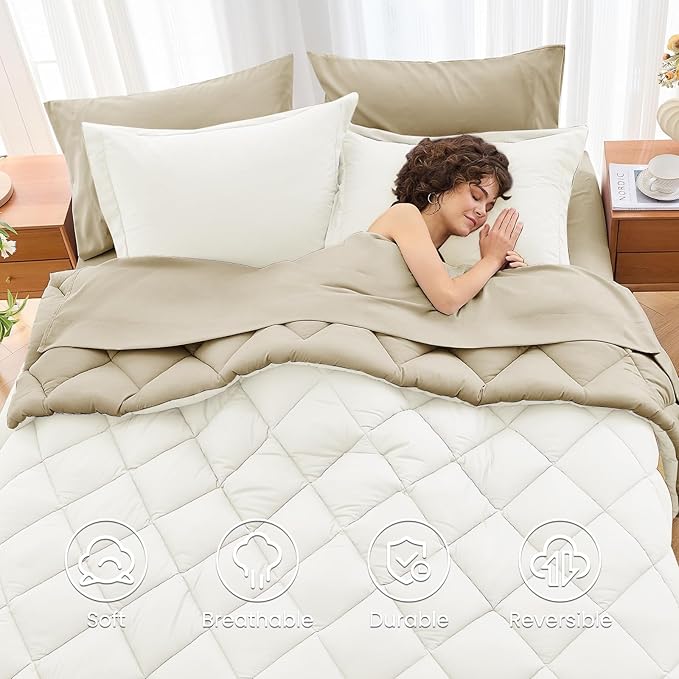 MUXHOMO 7 Pieces Full Comforter Set, Reversible Bed in a Bag Full Size, All Season Bedding Set with Comforter, Flat Sheet, Fitted Sheet, Pillowcases & Shams, Ivory & Khaki