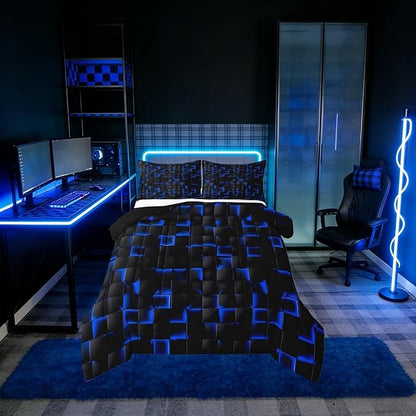 Erosebridal Neon Black Blue Boys Comforter Set Full Size Geometric Checkered Kids Bedding Set Teen Men Gaming Room Decor,Abstract Ombre Plaid Comforter Grids Quilt Duvet