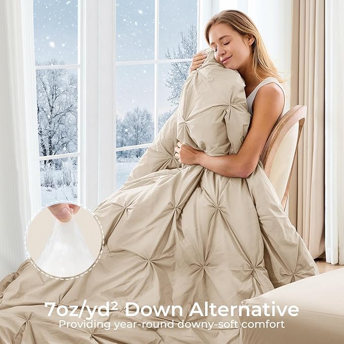 Sasttie Queen Comforter Set, 7-Piece Bed in a Bag, Pintuck Bedding Sets for All Season, Includes Comforter, Flat Sheet, Fitted Sheet, Pillowcases and Pillowshams, Warm Beige