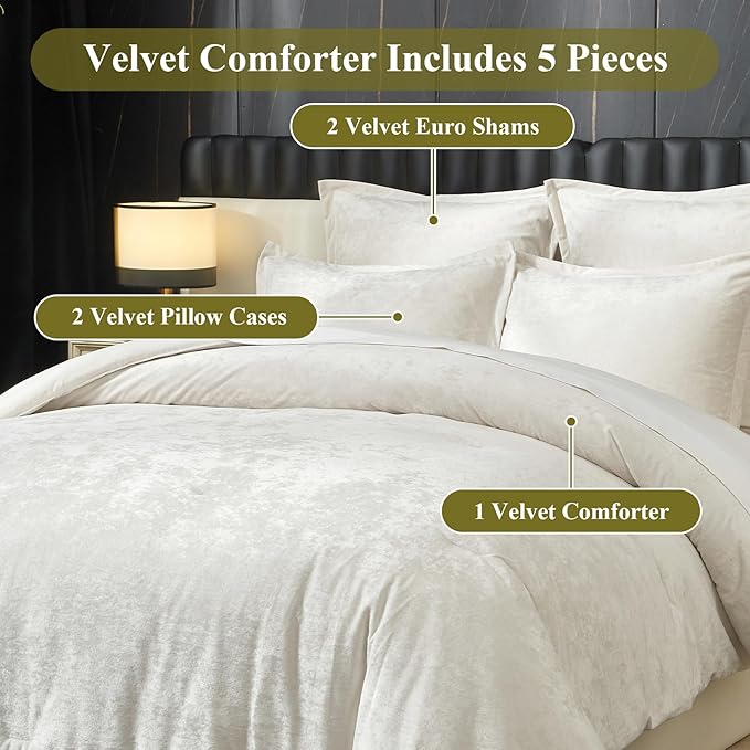 Ivellow Crushed Velvet Comforter Set King Ivory Comforter Set 5pcs Ultra Soft Lightweight Breathable Bedding Set Luxury Cozy Flannel Comforter King Size (1 Comforter,2 Pillow Shams, 2 Euro Shams
