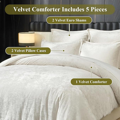 Ivellow Crushed Velvet Comforter Set Queen Ivory Comforter Set 5pcs Ultra Soft Lightweight Breathable Bedding Set Luxury Cozy Flannel Comforter Queen Size (1 Comforter,2 Pillow Shams, 2 Euro Shams