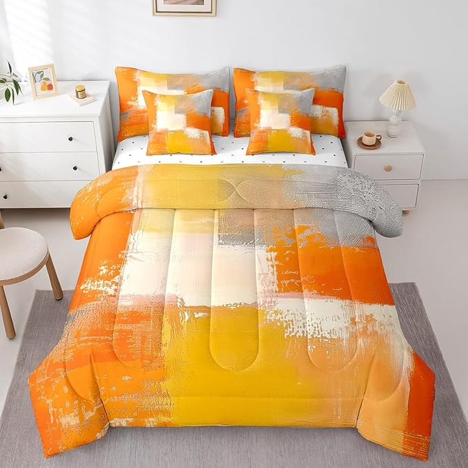Erosebridal White Gray Orange Full Comforter Set 7pcs Aesthetic Bed in a Bag, Watercolor Bedding Comforter Sets (1 Comforter + 1 Fitted Sheet + 1 Flag Sheet + 2 Pillowcase + 2 Throw Pillow Cover)