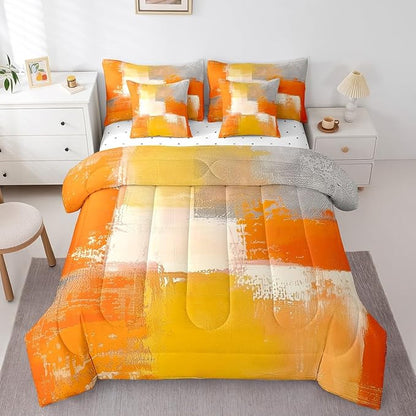 Erosebridal White Gray Orange King Comforter Set 7pcs Aesthetic Bed in a Bag, Watercolor Bedding Comforter Sets (1 Comforter + 1 Fitted Sheet + 1 Flag Sheet + 2 Pillowcase + 2 Throw Pillow Cover)