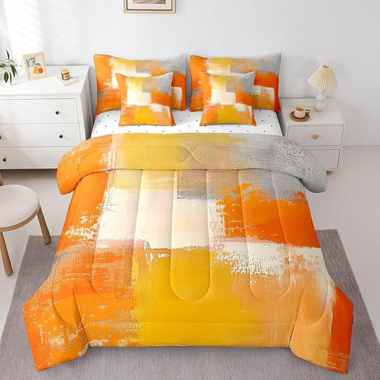 Erosebridal White Gray Orange King Comforter Set 7pcs Aesthetic Bed in a Bag, Watercolor Bedding Comforter Sets (1 Comforter + 1 Fitted Sheet + 1 Flag Sheet + 2 Pillowcase + 2 Throw Pillow Cover)