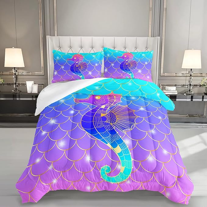 HOSIMA Mermaid Fish Scales Bedding Sets,Seahorse Printed Ocean Animal Rainbow Bedding Glitter Star Themed Full Comforter Set for Girls Kids Room Decor,Bed Set for Girls with 2 Pillowcases.