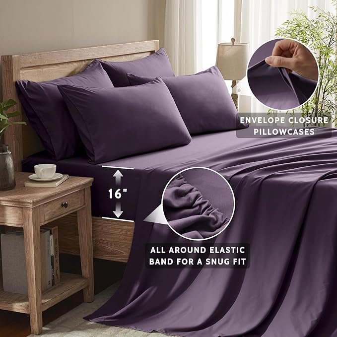 Twin Sheets Set - 4 Piece Soft Microfiber and Wrinkle Free Sheets - Easy Care, Extra Soft, Cooling Sheets - 1 Deep Pocket Fitted Sheet 1 Flat Sheet and 2 Pillowcases (Twin Purple)