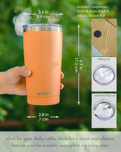 Travel Coffee Tumbler 20oz, Leakproof Travel Coffee Mug with Dual Lids and Straw, Stainless Steel Double Wall Vacuum Insulated Tumbler for Hot/Iced Drinks (Orange, Textured Matte)