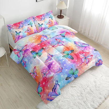 Rainbow Butterfly Comforter Sets - Twin Size, Cute Kids Bedding Sets with Galaxy Butterfly Pattern, All Season Comforter and 2 Pillowcases