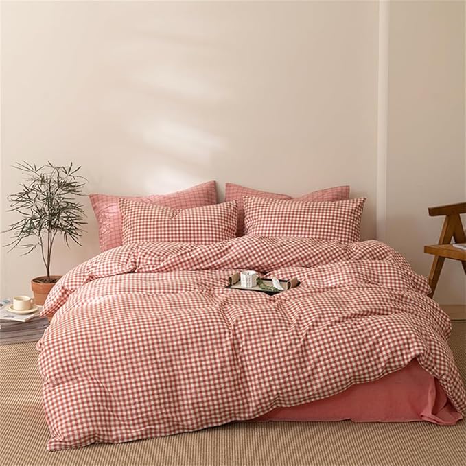 mixinni Orange Gingham Comforter Set Twin XL, Plaid Comforter Set 3 Pieces 1 Orange Grid Comfoter with 2 Pillow Cases for All Seasons, Soft Fluffy Modern Grid Pattern Printed Bedding-Twin XL Size
