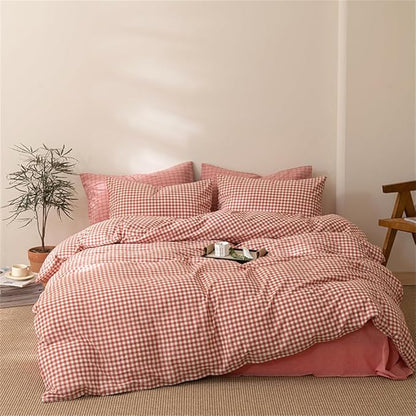 mixinni Orange Gingham Comforter Set Twin XL, Plaid Comforter Set 3 Pieces 1 Orange Grid Comfoter with 2 Pillow Cases for All Seasons, Soft Fluffy Modern Grid Pattern Printed Bedding-Twin XL Size