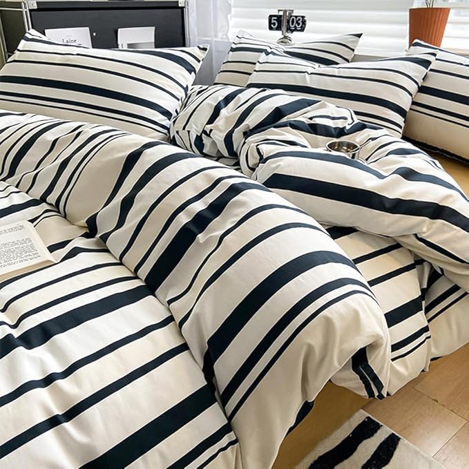 CLOTHKNOW Striped Queen Comforter Set Black White Beige Bedding Comforter Sets Farmhouse Comforters Black White Queen Comforter with 2 x Pillowcases