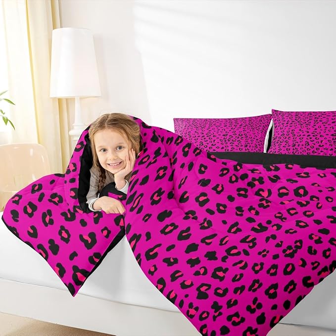 Erosebridal Pink Leopard Print Toddler Comforter Set | Cheetah Wild Animals Bedding Set for Women Room Decor Africa Leopard Comforter Safari Animals Duvet Insert,2 Piece with 1 Pillowcase