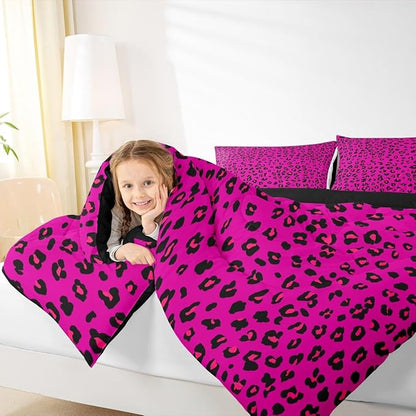 Erosebridal Pink Leopard Print Queen Comforter Set | Cheetah Wild Animals Bedding Set for Women Room Decor Africa Leopard Comforter Safari Animals Duvet Insert,3 Piece with 2 Pillowcases