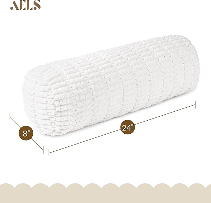 AELS Corduroy Striped Cylinder Pillows, 8" x 24" Decorative Bolster Pillows with Removable Washable Cover and Insert, Body Pillow for Couch and Bed, Living Room Bedroom Nursery Decor, White