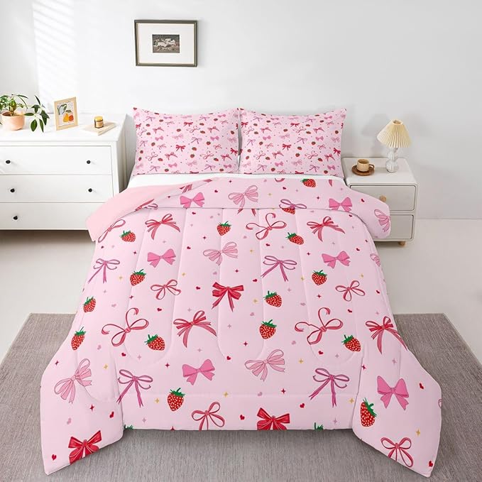 Feelyou Pink Bow Kids Comforter Set Twin Size Cute Strawberry Bedding Set Kawaii Bowknot Duvet Quilt for Kids Boys Girls Bedroom Princess Decor Decor Microfiber Ultra Soft Breathable