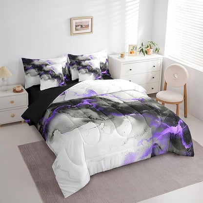 Erosebridal Black Purple Marble Bed in a Bag 7pcs Grey Marbling Bedding Set, Modern Aesthetic Full Size Comforter Set Mountain Fluid Bedding Comforter Sets, Foil Print Stone Pattern Bed Set