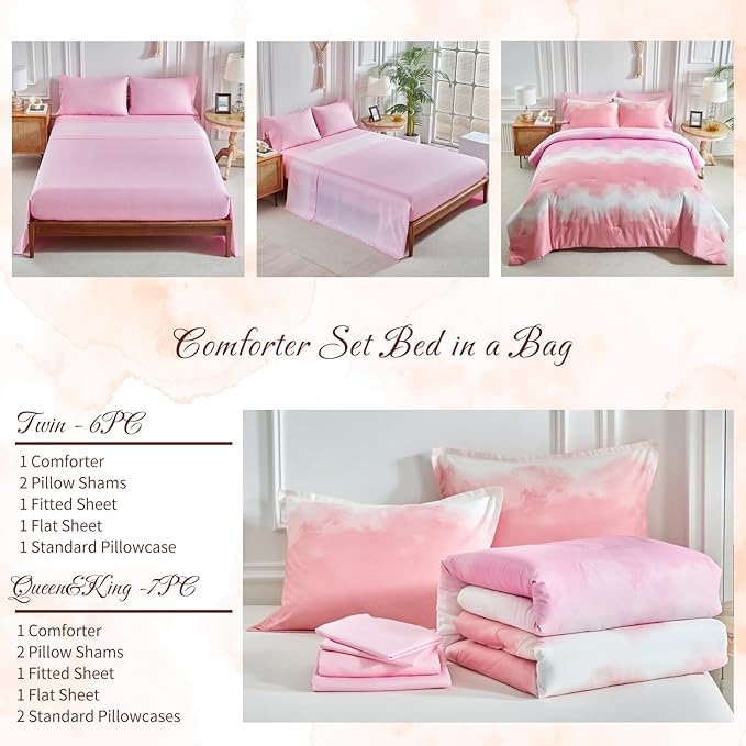 Blush Pink and White Gradient Comforter Set King Size 7 Pieces Elegant Ombre Bed in a Bag - Reversible All Season Bedding Set with Comforter, Flat Sheet, Fitted Sheet, 2 Pillowcases & 2 Pillow Shams