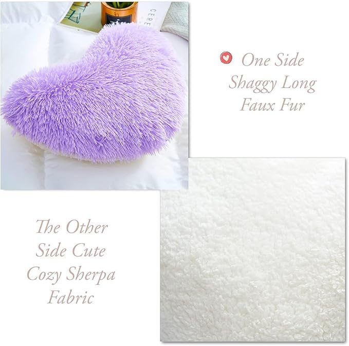 MOOWOO Fluffy Heart Pillow, Faux Fur Throw Pillow,Sherpa Plush Fluffy, Cute Soft Throw Cushion, Christmas Day,Valentines Day Decor for Home Bed Couch (Purple)