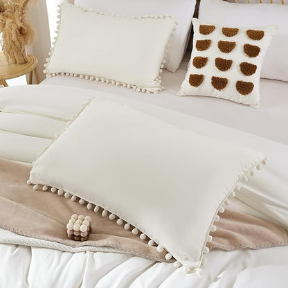 YIRDDEO Full Ivory Microfiber Comforter Set, 3pcs Boho Ball Pom Fringe Design Bedding Set (1 Comforter, 2 Pillowcases)