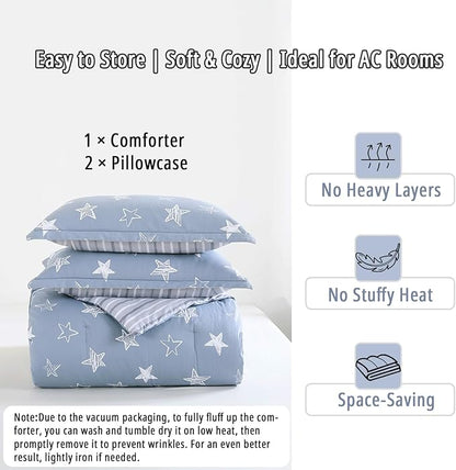 Blue Cotton Comforter King Size 3Pcs - White Doodle Style Stars on Denim Blue Front, Gray Stripes on Back, Reversible Lightweight Bedding Sets with Soft Fill(King, 104"×90")