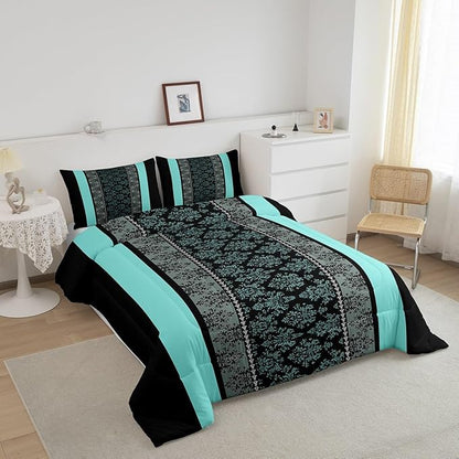 jejeloiu Adult Classic Jacquard Bedding Set King Size Damask Pattern Comforter Set for Boys Girls Black Teal Stripe Duvet Set Baroque Quilt Set 3Pcs