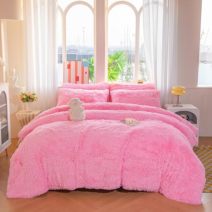 chovy Faux Fur Plush Pink Comforter Sets Full/Queen - Ultra Soft Shaggy Flannel Velvet Fluffy Fuzzy 3PC Bedding Sets （Comforter x 1 Pillowcases x 2）