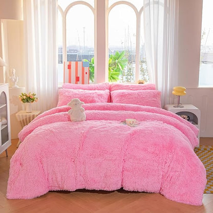chovy Faux Fur Plush Pink Comforter Sets Full/Queen - Ultra Soft Shaggy Flannel Velvet Fluffy Fuzzy 3PC Bedding Sets （Comforter x 1 Pillowcases x 2）