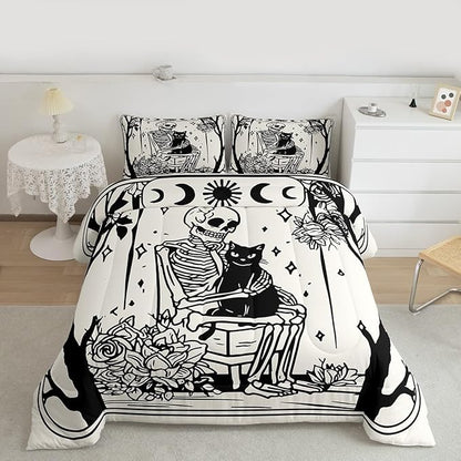 Erosebridal Halloween Gothic Skull Comforter Set Full, Skeleon Holding Cat Bedding Set, Gothic Floral Comforter for Kids Teens Boys Adults Goth Room Decor, Sun and Moon Quilt, Lightweight