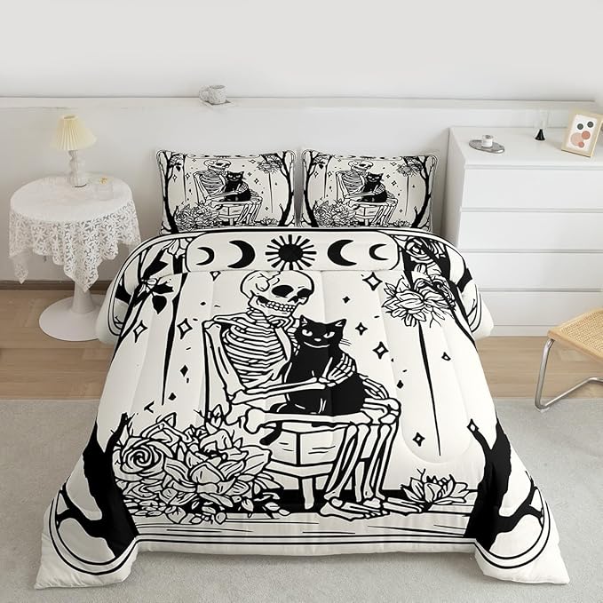 Erosebridal Halloween Gothic Skull Comforter Set Toddler, Skeleon Holding Cat Bedding Set, Gothic Floral Comforter for Kids Teens Boys Adults Goth Room Decor, Sun and Moon Quilt, Lightweight
