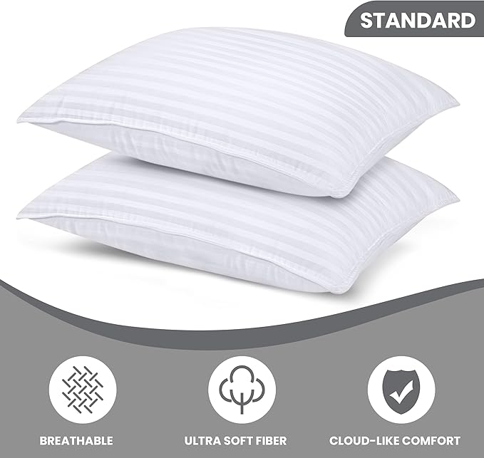 Utopia Bedding Bed Pillows for Sleeping Standard Size (White), Set of 2, Down Alternative Pillow for Sleeping, Cooling Hotel Quality Pillow Set for Back, Stomach or Side Sleepers