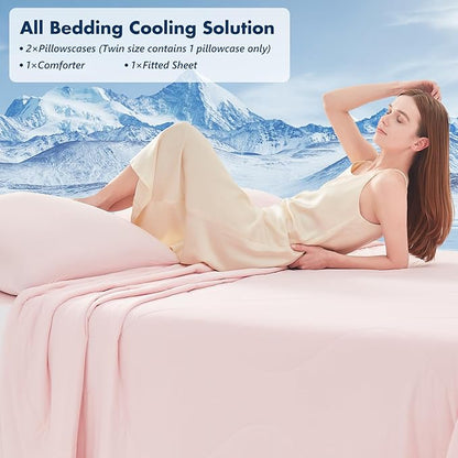 Cooling Comforter Set Twin- Pink Reversible Cooling Comforter Set with Sheets - Soft Breath Comforter 3pcs Set (Comforter+Fitted Sheets+Pillowcase)
