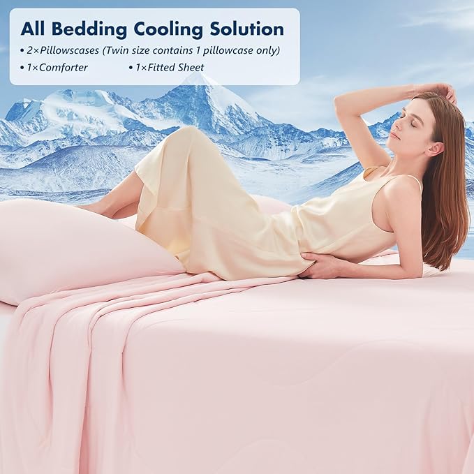 Cooling Comforter Set Queen- Pink Reversible Cooling Comforter Set with Sheets - Soft Breath Comforter 4pcs Set (Comforter+Fitted Sheets+2Pillowcases)