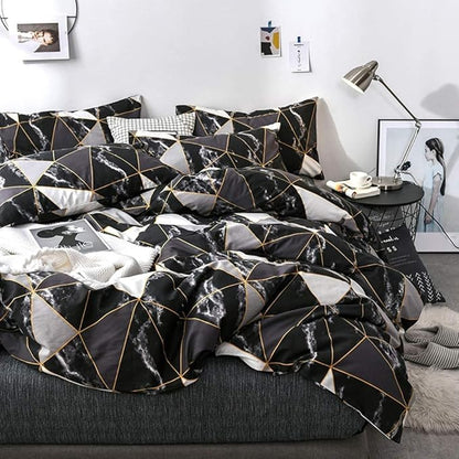 Houseri Black Comforter Set Full Black and White Geometric Marble Full Size Bedding Sets Boys Soft Breathable Black Plaid Bedding Modern Chic Triangle Gold Diamond Grid Comforters Bed Quilt Full