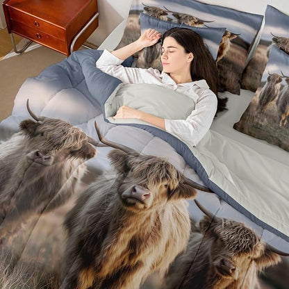 Erosebridal Highland Cow Print Comforter Sets with Sheets, Farm Animal Bedding Set Twin for Boys Girls Country Style 7Pcs Bed in A Bag Rustic Farmhouse Bed Set