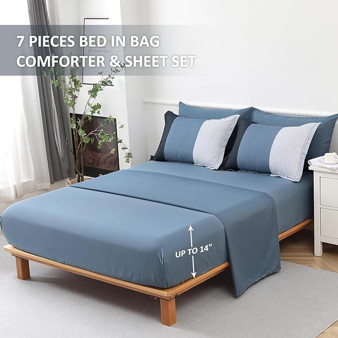 Navy Blue Striped Comforter Set King Size 7 Pieces Navy Patchwork Bed in a Bag with Sheets Set for King Bed, Soft Microfiber Reversible Bedding Set, Pillowcase Pillow Shams, Flat/Fitted Sheet