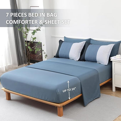 Anibedding Navy Blue Queen Bed in a Bag Comforter Set 7 Pieces Navy Striped Patchwork Bedding Set for Queen Bed, Soft Microfiber Reversible Down Alternative Complete Comforter with Sheet Set