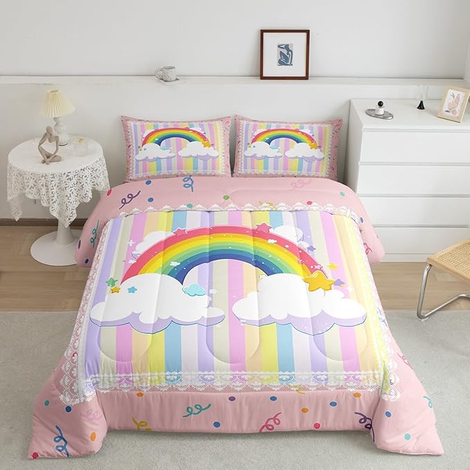 Pretty Rainbow Kids Bedding Sets Toddler Size, Colorful Dots Stripes Kawaii Sketch Reversible Comforter Set for Bedroom Cute Stars Lace Print Plaid Quilt Set Soft Duvet Insert,1 Pillowcase