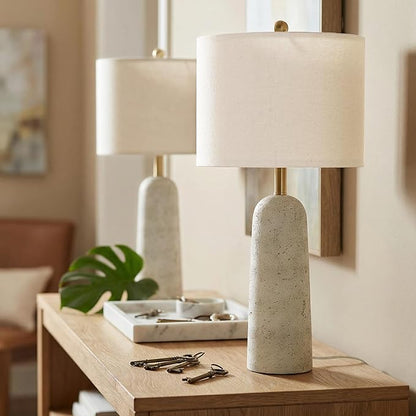 BOBOMOMO 27.25" Modern Table Lamp Set of 2, White Resin Table Lamps with Stone Look, Lamps for Living Room with Linen Shades, Bedside Lamps for Bedroom, Nightstand, Entryway