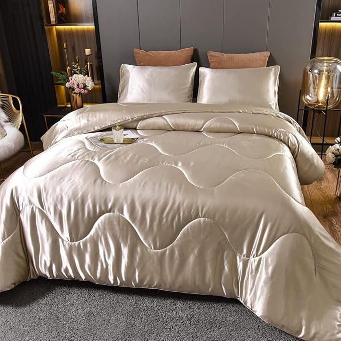 NTBED Silky Satin Comforter Set Queen Champagne, Soft Lightweight Microfiber Luxury Sexy Quilted Bedding Sets with 2 Matching Pillow Covers for Summer Spring Autumn