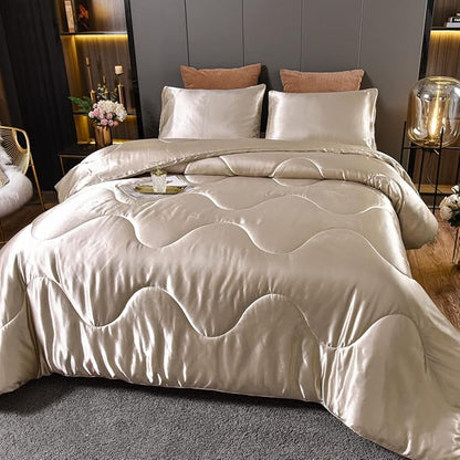 NTBED Silky Satin Comforter Set Queen Champagne, Soft Lightweight Microfiber Luxury Sexy Quilted Bedding Sets with 2 Matching Pillow Covers for Summer Spring Autumn