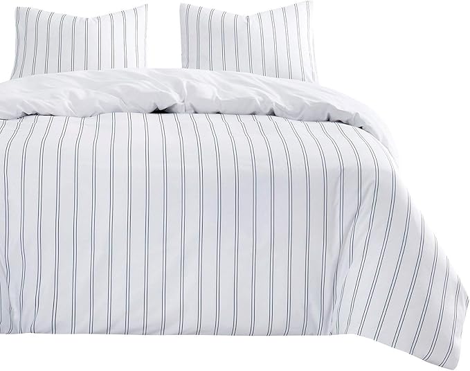 Wake In Cloud - Striped Comforter Set, Ticking Stripe Vertical Pinstripe Neutral Farmhouse Pattern Printed, Soft Lightweight Bedding, 3 Pieces, Navy White, Twin Size