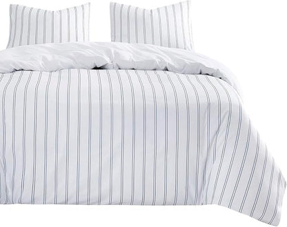 Wake In Cloud - Striped Comforter Set, Ticking Stripe Vertical Pinstripe Neutral Farmhouse Pattern Printed, Soft Lightweight Bedding, 3 Pieces, Navy White, Twin Size