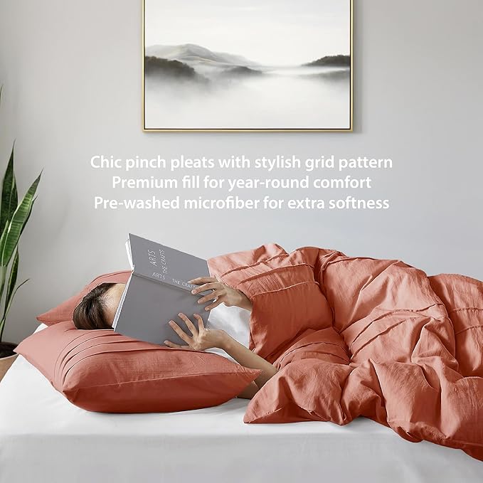 King Size Comforter Set Orange, 3 Pieces Bedding Set, Ultra Soft Prewashed Bed Set, Pinch Pleat All Seasons Lightweight Comforter and Shams