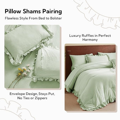 MR&HM King Size Comforter Set Light Green, Comforter Set 7 Pieces for Girls Women, Shabby Chic Vintage Cottagecore Bed Sets Elegance Boho Bed in a Bag, Ultra-Soft & Fluffy Comforter for All Season