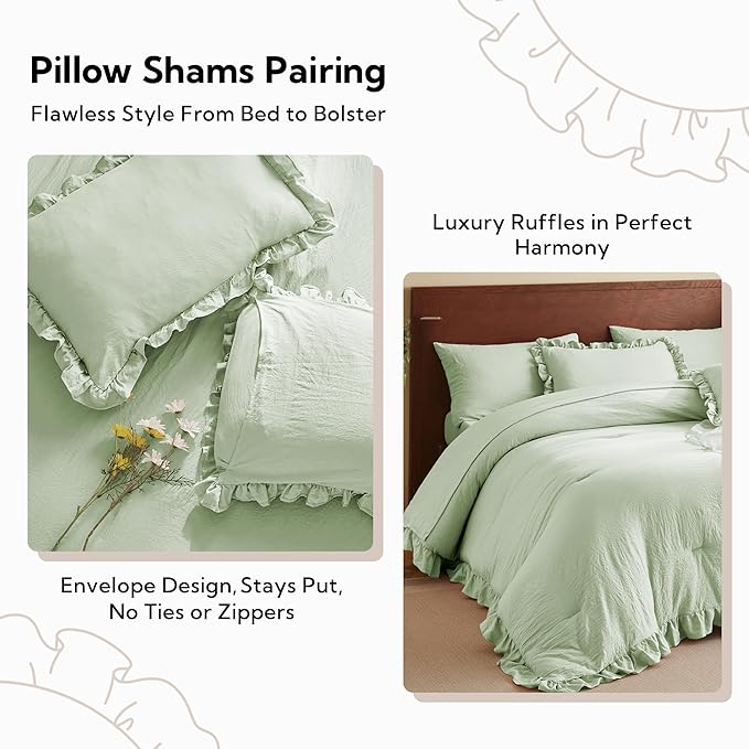 MR&HM Queen Comforter Set Light Green, Comforter Set 7 Pieces for Girls Women, Shabby Chic Vintage Cottagecore Bed Sets Elegance Boho Bed in a Bag, Ultra-Soft & Fluffy Comforter for All Season