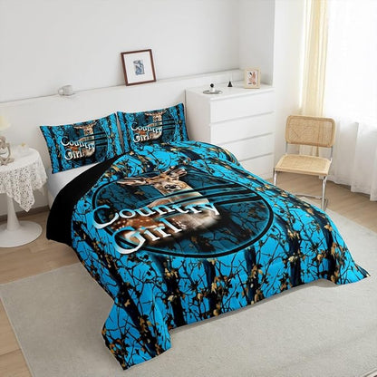 Erosebridal Deer Hunting Camo King Comforter Set,Blue Camouflage Bedding Sets for Boys Girls Kids,Rustic Lodge Cabin Quilt Bed Set,Woodland Hunter Room Decor with 2 Pillowcases,Breathable