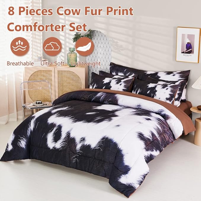 SUCSES Cow Print Comforter Set Queen Size, 8Pcs Cow Fur Print Bed Quilt Set with Comforter and Sheets, Super Soft Farmhouse Style Bed Bedding Sets for Teens Boys