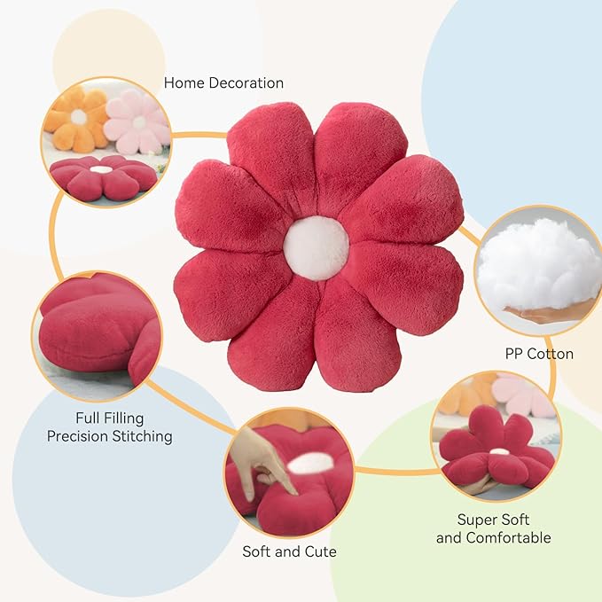 FIONOUT Flower Pillow, 17.7 Inch Rose Red Throw Pillows, Daisy Decorative Throw Pillows, Flower Shaped Pillow Floor Cushions for Reading and Room Dector